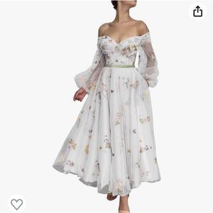 Fivsole Women's Off Shoulder Puffy Sleeve Prom Dress Flower Embroidery Gown